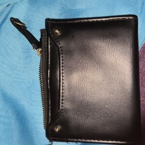 Women's Black Leather Zip Wallet with Gold Accents